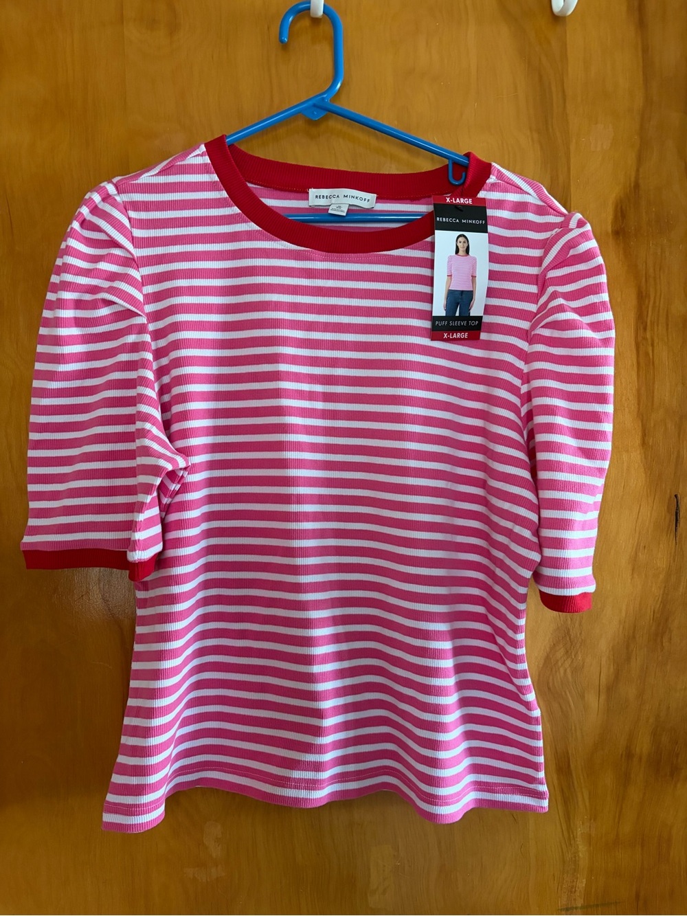 Rebecca Minkoff Hot Pink & White Striped Short Sleeve Top with Red Trim